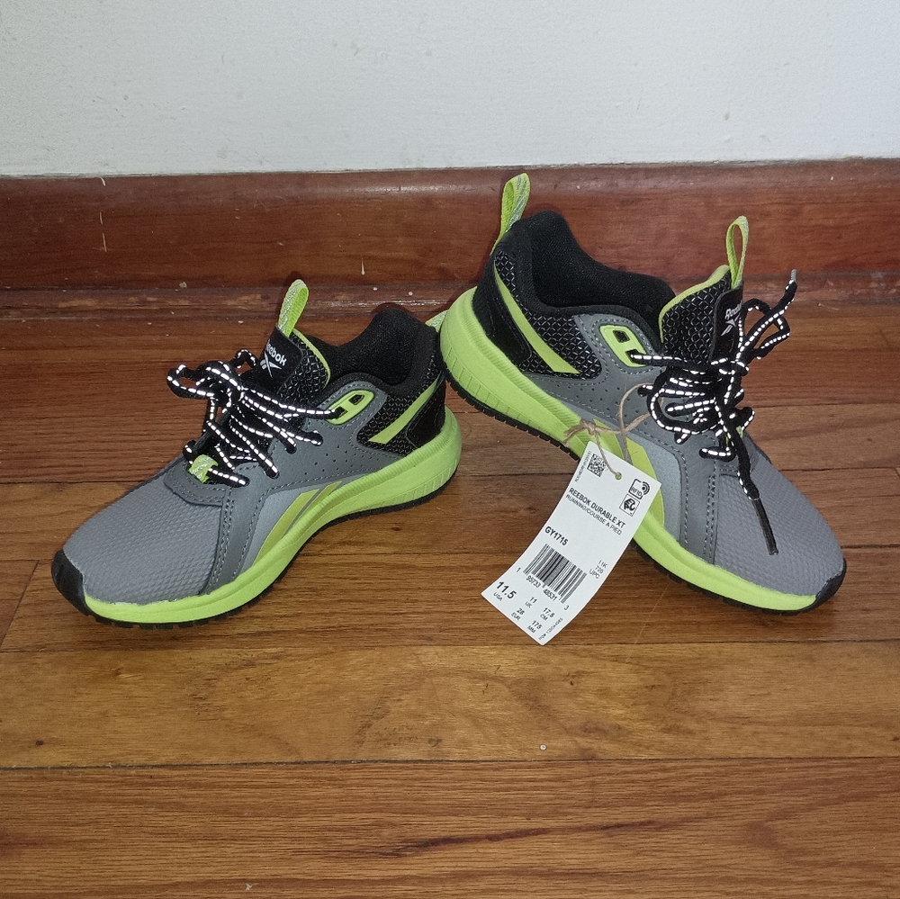 NWT, Kids Reebok Gray, Black, & Green-Yellow Athletic Shoes Sneakers 11.5